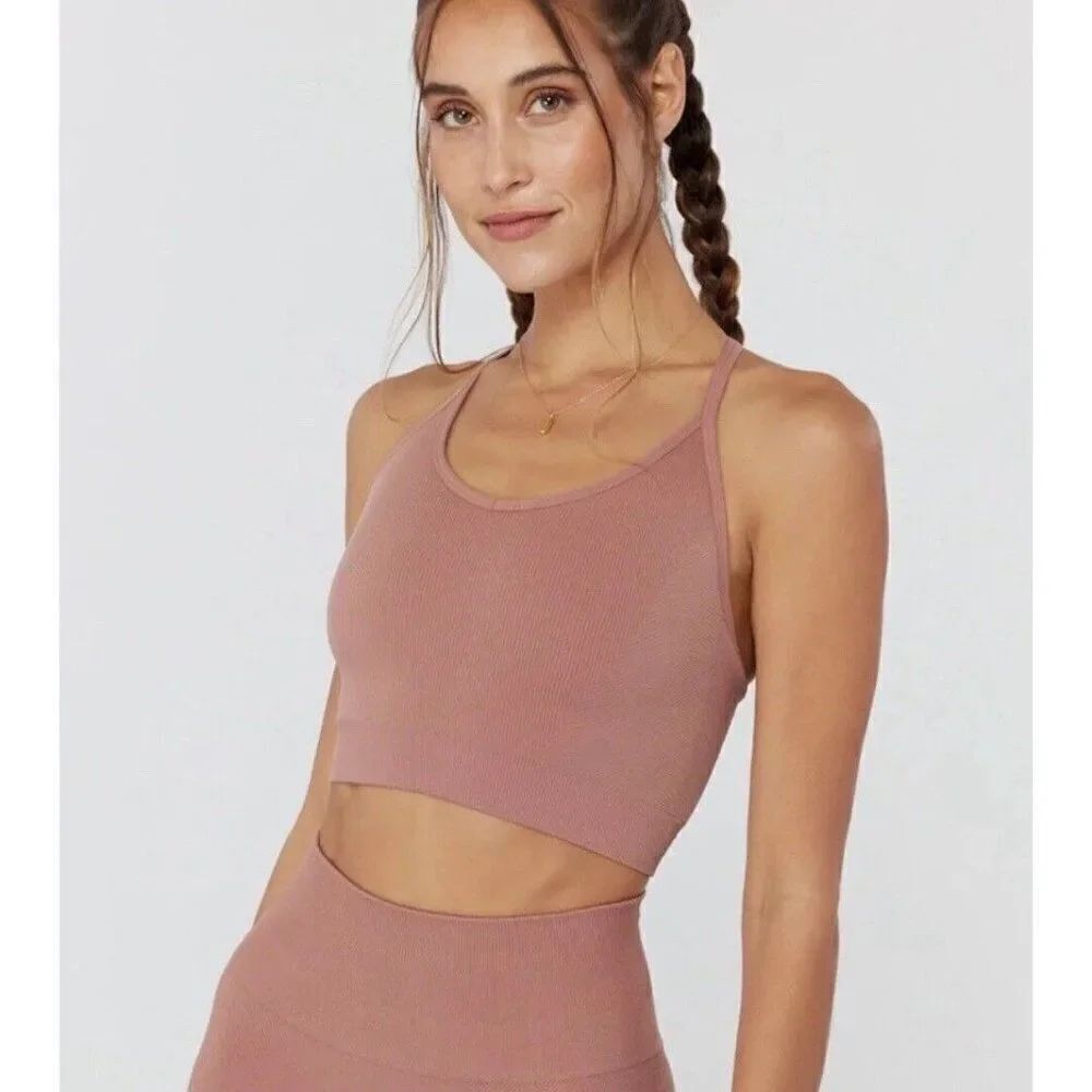 Spiritual Gangster Tan Brown Seamless Icon T Back Ribbed Sports Bra Xs Small